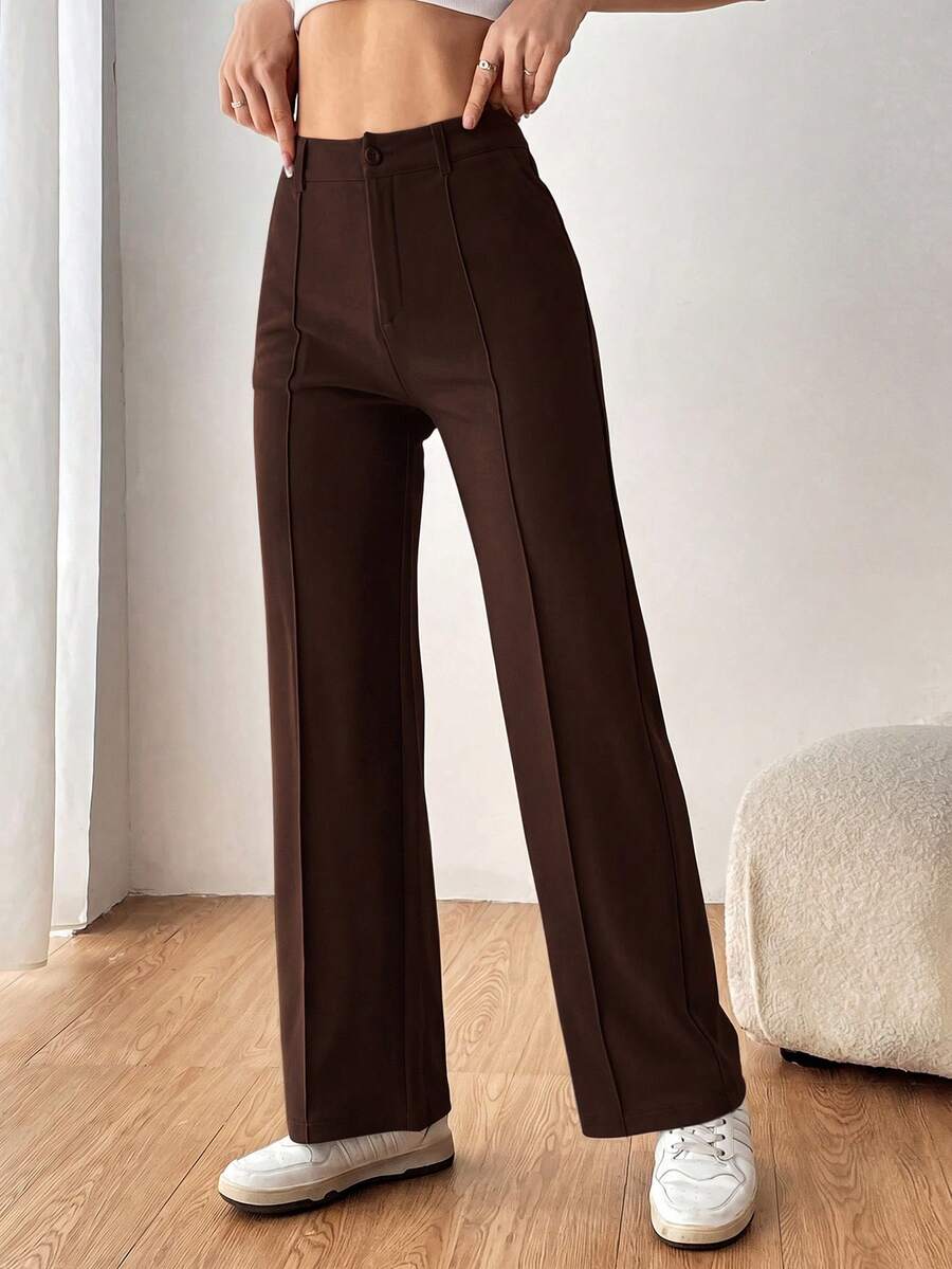 SHEIN EZwear 女款純色直筒西裝長褲 秋冬款 - 棕色 - 查看 1