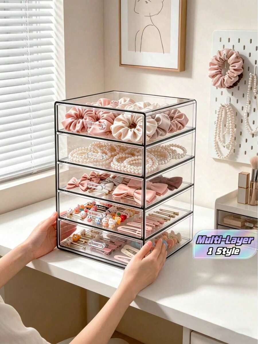 1pc 5-Layer High Transparency Acrylic Hair Accessory Storage Box, Dust-Proof Drawer Style Hair Tie Hair Clip Jewelry Box, Desktop Ornament Organizer Box - Multicolor - View 1