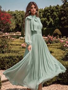 Anewsta Essential Women's Long Dress With Waist Ruffle, Shiny & Elegant Versatile Style, Spring/Autumn - Mint Green - View 8