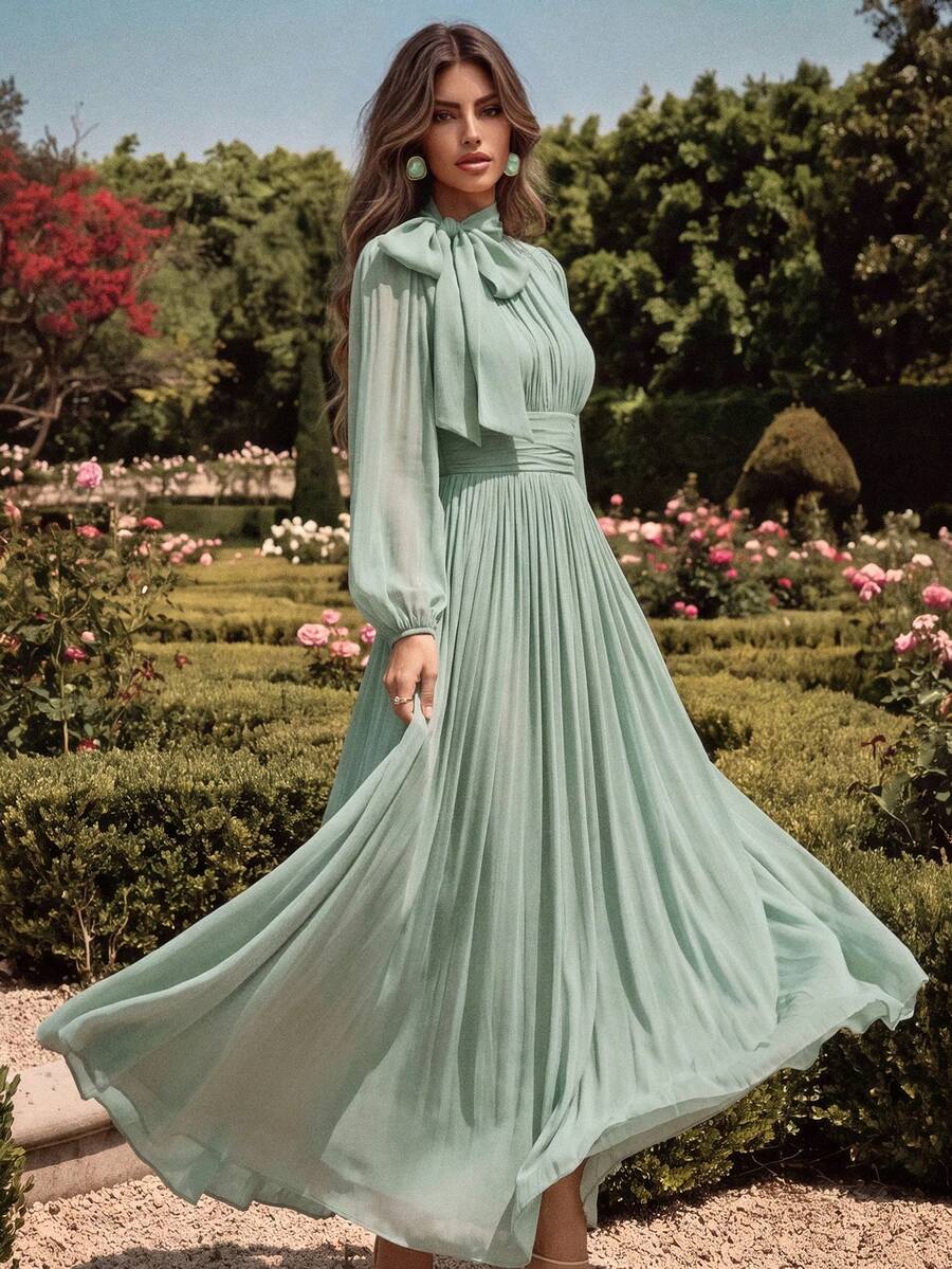 Anewsta Essential Women's Long Dress With Waist Ruffle, Shiny & Elegant Versatile Style, Spring/Autumn