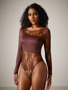 DreamPoppy Women's Sexy Lace Patchwork Long Sleeve Sheer Asymmetrical Neckline Jumpsuit - Coffee Brown - View 4