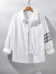 SHEIN Teen Boy Teen Boys Casual Striped Print Basic Collared Long-Sleeve Shirt Suitable For The Fall Back-To-School Season, Preppy Style, White - White - View 1