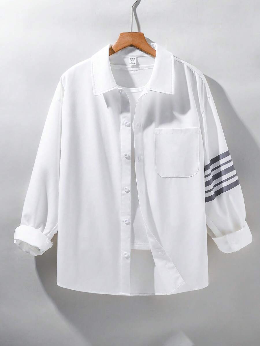 SHEIN Teen Boy Teen Boys Casual Striped Print Basic Collared Long-Sleeve Shirt Suitable For The Fall Back-To-School Season, Preppy Style, White - White - View 1