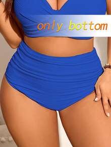 Swim Chiccia Bikini de talla grande para mujer con tela acanalada, unicolor, fruncido y control de abdomen, adecuado para uso diario y de vacaciones en verano - Azul - Ver 5