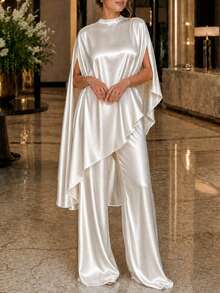 SHEIN LUNE Plus Size Women's Cape Top And Long Pants Elegant Casual 2 Pieces Set - Beige - View 5