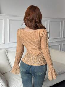 Feyla Women's Lace Pleated Fitted Versatile Daily Casual T-Shirt - Coffee Brown - View 6