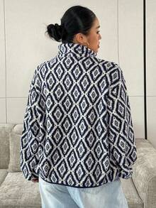 Dazy Plus Vintage Floral Pattern Plus Size Thermal Lined Thick Loose Long Sleeve Pullover Casual Streetwear Autumn/Winter Sweatshirt - Navy Blue - View 2
