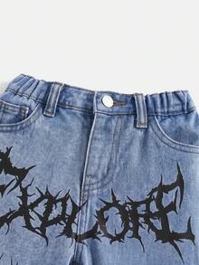 SHEIN Baby Boy Letter Pattern Pocket Button Casual Daily Denim Jeans - Light Wash - View 6