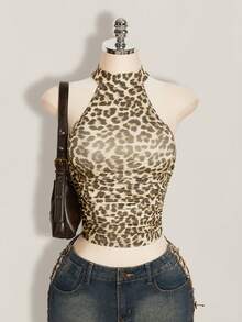 SHEIN ICON 女款夏季哥德風豹紋露背掛脖背心上衣 - 卡其色 - 查看 2