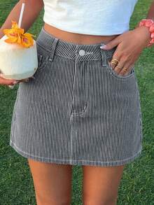 DAZY Women's Casual Striped Straight Short Denim Skirt, Summer - Medium Wash - View 3