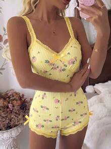 CottageSlumber Romantic Ditsy Floral Women's One-Piece Pajamas Pink Lace Cute Print Loungewear - Yellow - View 4