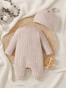 SHEIN Newborn Baby 2pcs Romper Set, Ribbed Long Sleeve Outfit With Rainbow Embroidery And Ear Beanie, Beige Minimalist Spring Autumn Infant Clothing - Apricot - View 2