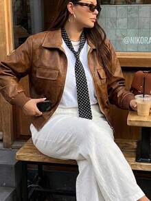 Dazy Plus Jaket Kasual Blogger Model Longgar Warna Cokelat untuk Musim Semi/Gugur, Jaket Luar Biasa - Mocha Brown - View 4