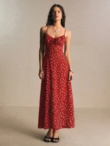 Poéselle Women's All-Over Print Pleated Casual French Romantic Party Vacation Spaghetti Strap Dress Red Floral Summer - Red - View 4