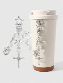 ROMWE Kawaii 1款全新Y2K個性化時尚簡約輕奢學院風白色仿珍珠雪花銀色蝴蝶結兔耳水鑽愛心滿鑽十字架DIY鑰匙圈包包掛飾水杯掛件手機殼掛件，固定黏貼愛心配件，適合女孩與女性日常佩戴，節日禮物 - 銀色-82 - 查看 2