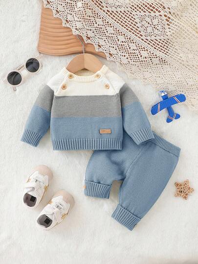 SHEIN Baby Toddler Knit Sweater Pants Set, Soft Cozy Color Block Outfit, Button-Detail Casual Winter Style For Unisex Kids, Soft Comfortable