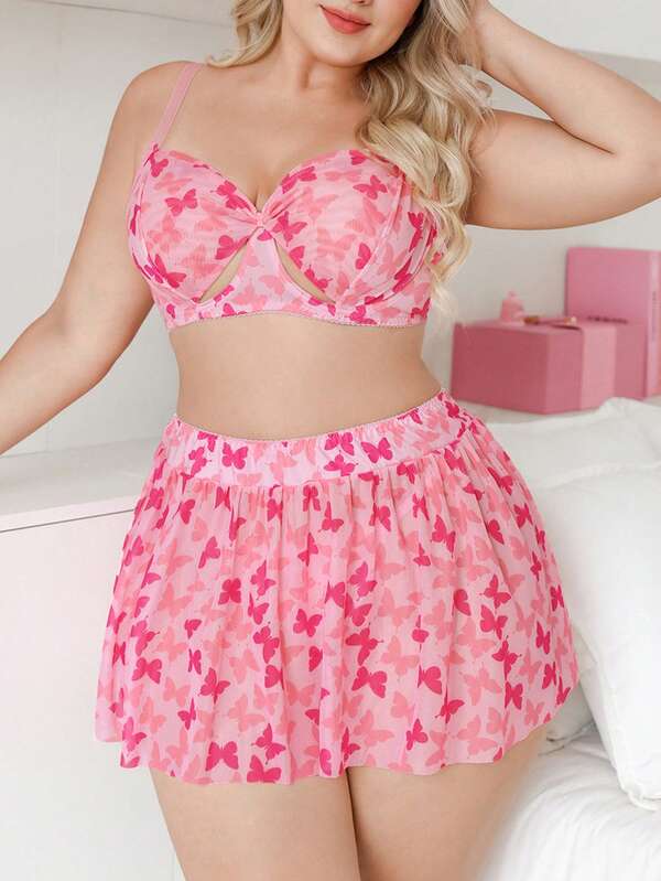 SHEIN Sweet Style Butterfly Print Lingerie Set, Large Cup Hollow Bra + Mini Skirt + Thong, 3-Piece Sexy Loungewear