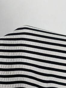 Lounesse 女款大尺碼條紋休閒通勤短袖時尚襯衫杏色百搭上衣 - 黑色 - 查看 7