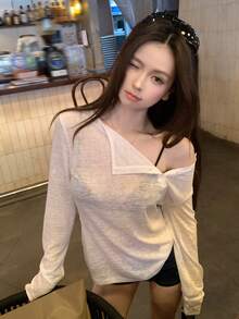 Dazy Tall 女款圓領不對稱前襟長袖套頭內搭休閒T恤 - 白色 - 查看 5
