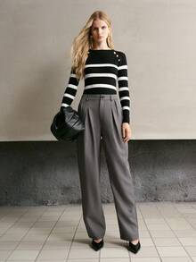 MOTF PREMIUM WOMEN'S STRIPED BUTTON DECOR CABLE KNIT SWEATER - Black and White - View 8