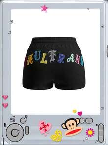 Paul Frank X ROMWE Plus Size Women's Drawstring Waist Cartoon Pattern Casual Everyday Shorts - Black - View 2