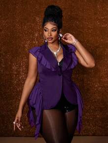 Maweii Blusa Feminina Plus Size Vintage Francesa Sem Mangas com Cintura Marcada, Patchwork, Chiffon, Babados e Cor Sólida - Roxo - Visão 3