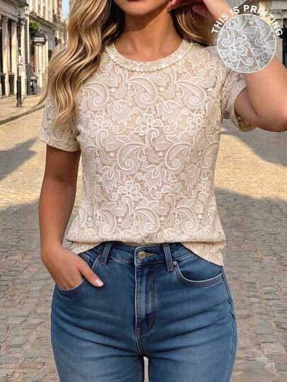 SHEIN Raffinéa Regular Women's Niche Design Short Sleeve Round Neck T-Shirt, Faux Lace Print, Beaded Design, Loose Straight Fit; Exquisite Elegant, Fashionable, Slightly Sexy; Fashion Date, Party, Gathering, Fashion Street, Fashion Commute, Light Vacation.