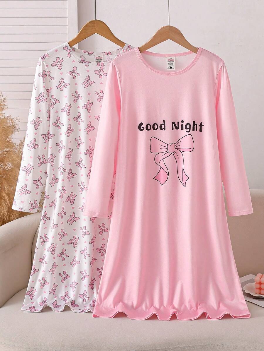 2件組女孩大童居家長袖套頭睡袍休閒AB條紋蝴蝶結印花睡衣 - 粉色 - 查看 1