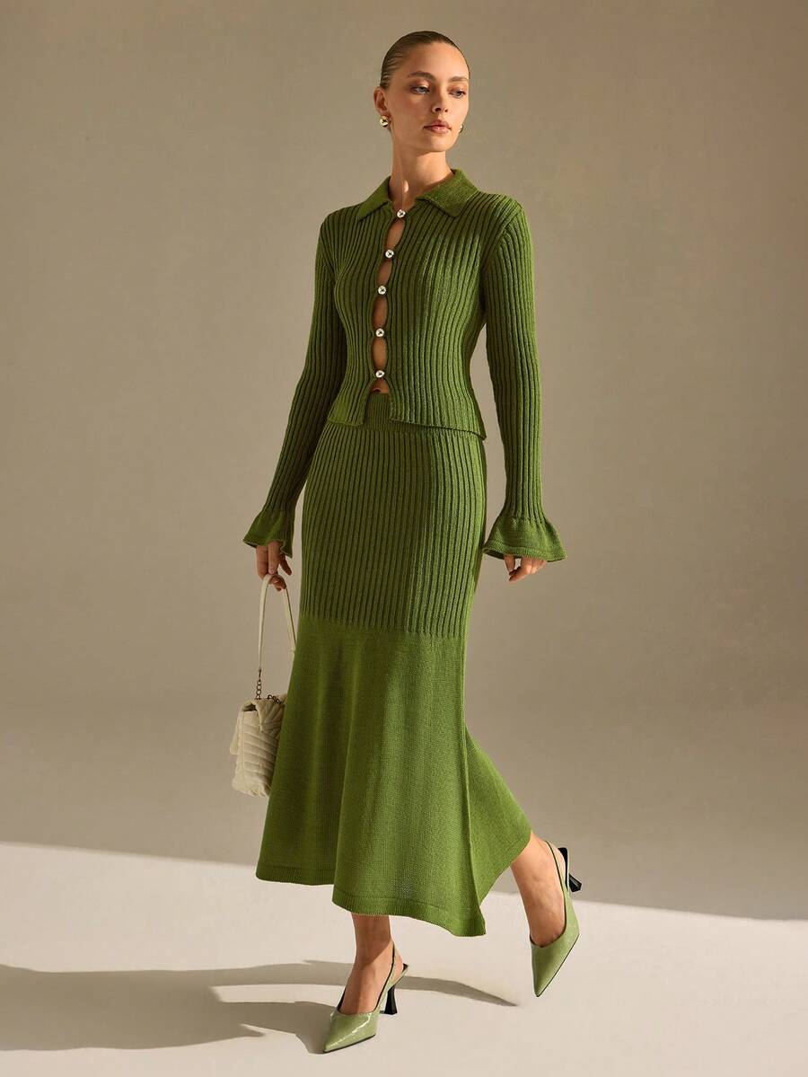 CLARA VERO Khaki Button Front Fluted Sleeve Knit Midi Set, Fitted, Ideal For Modern