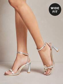SHUZIA Women's Wide-Fit Minimalist Fashion Comfy Round Toe Floral Decor Stiletto Heel Sandals - Metallic Silver - View 2