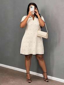 Slaydiva Plus Size Contrast Trim Short Sleeve Knit Dress Fall - Apricot - View 5