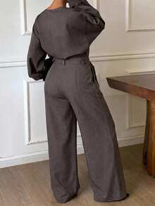 Dazy Plus Autumn/Winter V-Neck Casual Commute Pullover Top & Wide Leg Pants 2 Pieces Set - Grey - View 3