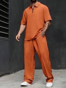Manfinity CasualCool 男士大尺碼純色短袖 Polo 衫與長褲休閒套裝 - 橘色 - 查看 4