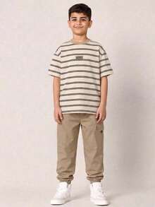 2件/套 青少年男孩休閒舒適百搭條紋印花短袖上衣與素色長褲套裝 - 彩色 - 查看 2