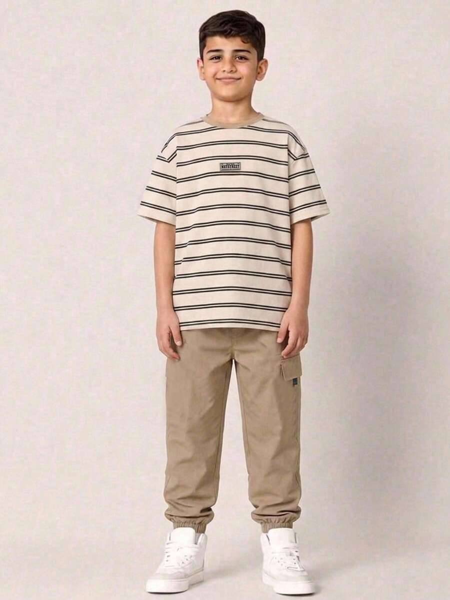 2件/套 青少年男孩休閒舒適百搭條紋印花短袖上衣與素色長褲套裝