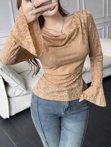 Feyla Women's Lace Pleated Fitted Versatile Daily Casual T-Shirt - Coffee Brown - View 3