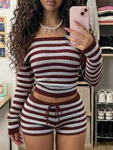 StreetHx Streetwear Women's Autumn/Winter Color-Block Pique Casual Versatile Y2K Square Neck Cool Sweater 2 Pieces Set - Multicolor - View 1