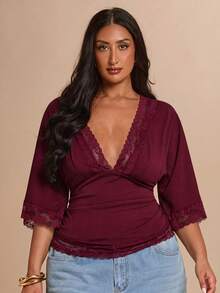 SHEIN BAE CURVE 大尺碼女款深V領蕾絲拼接休閒日常上衣 - 酒紅色 - 查看 8