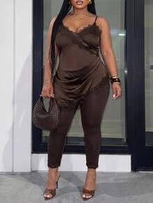 Slaydiva Early Autumn, Summer New Style Solid Brown Spaghetti Strap Low Neckline Lace Patchwork Asymmetrical Hem Long Camisole Top And Slim Fit Cropped Leggings, Sexy Elegant, Sexy Party, Wedding Season, Graduation Season, Best Friend Outing, Music Festival, Elegant Gathering, Date, Cocktail Party, Birthday Party, Bar And Other Occasions-A - Brown - View 9