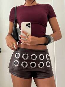 Aloruh Women's Ultra Low Waist Music Festival Hot Sexy Super Short Shorts With Rivets, Cutouts, Tie Dye PU Brown Hot Pants - Brown - View 4