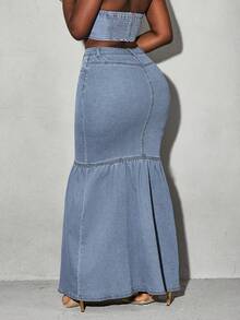 Slaydiva Women's Single Button Pocket Fisherman Style Casual Denim Mid-Length Skirt - Light Wash - View 3