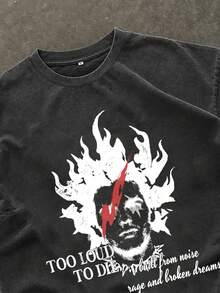 Manfinity ZONE917 Boxy Short Flame Red Lightning Portrait Punk Slogan Distressed Print Black Acid Wash Short Sleeve T-Shirt, Suitable For Spring/Summer, Gift For Friends - Black - View 2