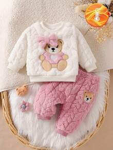 SHEIN Abbigliamento per neonati Autunno/Inverno Nuovo Set 2 Pezzi Felpa Dolce e Carina & Pantaloni Lunghi Morbidi Rosa con Motivo Testa di Orso Carino Set di Abbigliamento per Bambini - Rosa Baby - Visualizzare 3
