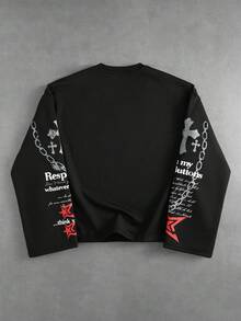 ROMWE MEN Street Life 男士動漫角色印花長袖T恤，寬鬆版型 - 黑色 - 查看 2