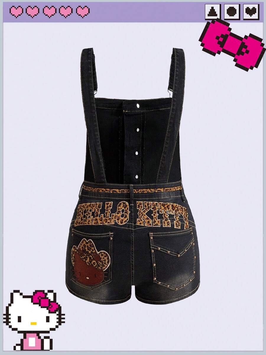 HELLO KITTY AND FRIENDS | ROMWE IP Collaboration HELLOKITTYANDFRIENDS0 Black Kitty Y2K 80s 90s Leopard Print Patchwork Embroidered Denim Jumpsuit Going Out Vacation Summer - Black - View 1