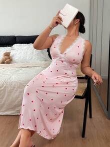 Napfluff CURVE Napfluff CURVE Summer Women's Thin Heart Print Sweet Minimalist Sexy Style Lace Patchwork Plus Size Nightgown - Pink - View 6