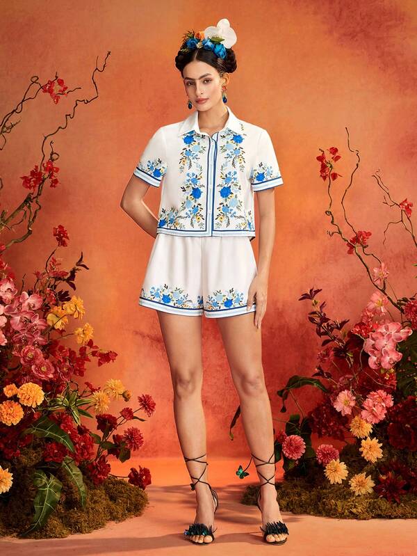 Glamance Frida Kahlo X SHEIN Blue And Blue Floral Striped Hand-Painted Print Short Sleeve Shirt And Elastic Waist Shorts, Elegant Mature Casual Sexy Outfit For Going Out, Work, Office, Daily Wear, Party, Birthday, Vacation, Middle East Travel, Beach, Swimwear, Night Out, Bohemian Summer