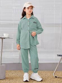 SHEIN 女大童字母貼布落肩袖燈芯絨襯衫和褲子 - 薄荷綠 - 查看 5