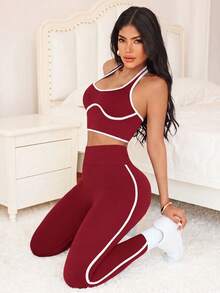 SHEIN Sports 女款滾邊掛脖背心與緊身褲運動套裝 - 酒紅色 - 查看 5