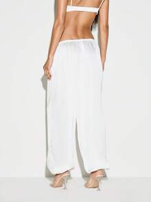 KIZN Satin Wide Leg Casual Pants With Elastic Drawstring Waist Side Pockets Full Length Summer Holiday Loungewear Trousers - White - View 3